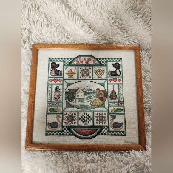 Vintage cross stitch bless our home framed picture - Picture 3 of 5